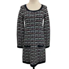 ロペピクニック ROPE Picnic ワンピース ニット Iライン ミニ ラウンドネック 総柄 ラメ 長袖 38 紺 白 ネイビー ホワイト