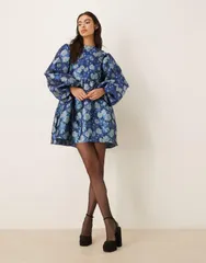 シスタージュン レディース トップス ワンピース バルーンスリーブ フラワー柄 ミニ フラワー Dream Sister Jane Spotlight balloon sleeve floral jacquard mini dress BLUE ブルー