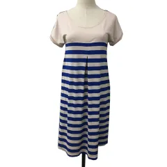 ロペピクニック ROPE Picnic ワンピース ニット Aライン フレア ミニ ラウンドネック ボーダー 半袖 38 ベージュ 青 ブルー