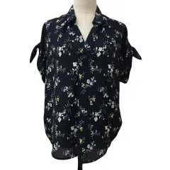 ロペピクニック ROPE Picnic ブラウス シャツ スキッパー プルオーバー 花柄 総柄 リボン 半袖 38 紺 白 ネイビー ホワイト