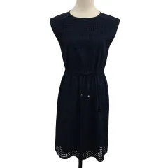 クミキョク 組曲 KUMIKYOKU ワンピース フレア ひざ丈 ウエストゴム ドロスト レース フレンチスリーブ 半袖 2 紺 ネイビー