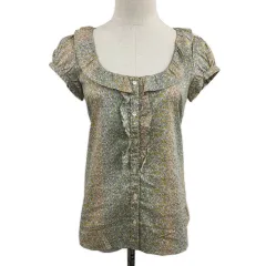 エリオポール heliopole ブラウス カットソー ラウンドカラー フリル 総柄 半袖 36 黄 水色 イエロー ライトブルー