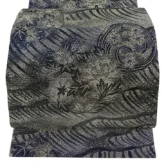 【美品】 袋帯 逸品 落款 新佐波理 波頭花丸文 牡丹 銀糸 箔 金色 六通 正絹 【中古】のサムネイル