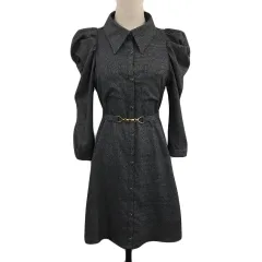 レディアゼル REDYAZEL ワンピース シャツワンピ フレア ミニ チェック ベルト パワーショルダー 七分袖 M グレー 黒 ブラック