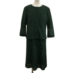 ジュンコシマダ JUNKO SHIMADA モカサン mocassin セットアップ ジャケット ノーカラー ジップアップ 七分袖 ワンピース フレア ひざ丈 総レース 透け感 半袖 1 緑 グリーン