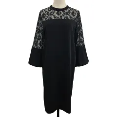 アダムエロペ Adam et Rope' フォーマル ワンピース ドレス Iライン ひざ丈 レース 透け感 無地 フレアスリーブ 長袖 38 黒 ブラック