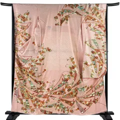 振袖 身丈158.5cm 裄丈66cm M 袷 桧扇 菊唐草 金糸 金彩 ピンク 正絹 名品 【中古】