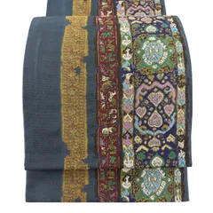 【美品】 袋帯 秀品 幾何学模様 金通し 紺色 六通 正絹 【中古】