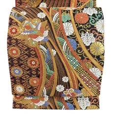 【美品】 袋帯 秀品 振袖向き 花鳥 花唐草 金銀糸 箔 黒 六通 正絹 【中古】