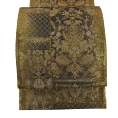 【美品】 袋帯 秀品 向かい鳥 草花 金銀糸 箔 金色 六通 正絹 【中古】