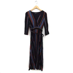 ザラ ZARA 配色 ストライプ フレア ワンピース ロング丈 Vネック 7分袖 リボン S ブラック 黒 /FT34