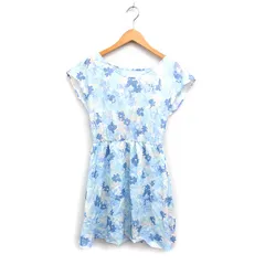 ヒアーズ HERE'S TOWN 花柄 フレア ワンピース ミニ フレンチスリーブ S ライトブルー /FT6