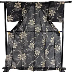 【美品】浴衣 身丈162cm 裄丈65.5cm S 百合 黒 綿 秀品 【中古】