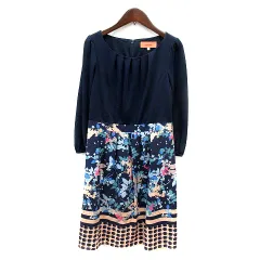 スーナウーナ Sunauna ワンピース ミニ 花柄 長袖 ドッキング 34 S 紺 ネイビー /MN