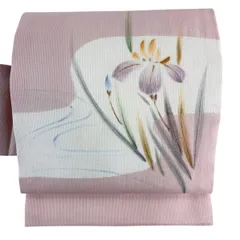 名古屋帯 秀品 夏帯 菖蒲 流水 金銀彩 薄ピンク 正絹 【中古】