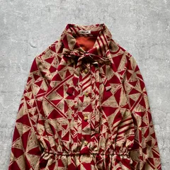 昭和レトロ レッド×ベージュ幾何学総柄ボウタイワンピース ロング丈 長袖　11号