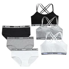 【新品】 [Masonanic] ガールズブラ 上下セット ハーフトップ 黒 白ジュニア ブラジャー ショーツ カップ付 スタンダードショーツ インナー スポブラ 3点組 (JP, アルファベット, Free Size, C-ショーツセット)