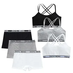 【新品】 [Masonanic] ガールズブラ 上下セット ハーフトップ 黒 白ジュニア ブラジャー ショーツ カップ付 スタンダードショーツ インナー スポブラ 3点組 (JP, アルファベット, Free Size, C-ボクサーセット)