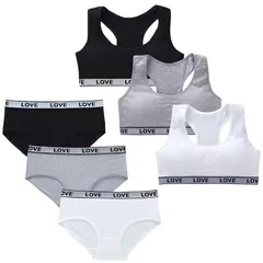 【新品】 [Masonanic] ガールズブラ 上下セット ハーフトップ 黒 白ジュニア ブラジャー ショーツ カップ付 スタンダードショーツ インナー スポブラ 3点組 (E-ショーツセット, Free Size)