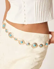 エイソス レディース アクセサリー ベルト ASOS DESIGN waist and hip turq stone set chain belt gold ゴールドのサムネイル