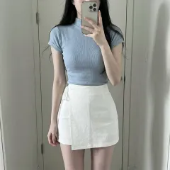 ゴージ モックネック ハイネック 半袖Tシャツ ライトブルー / スリムフィット デイリー Tシャツ