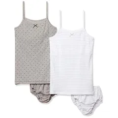 【新品】 [ガロー] 2枚組 上下セットペアインナー 胸二重・キャミソール/ドット・ボーダー ガールズ ホワイト・グレー 日本 140 (日本サイズ140 相当)