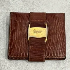 Salvatore Ferragamo サルヴァトーレフェラガモ ヴァラ リザード型押し レザー 二つ折り財布 コンパクトウォレット ミニ財布 ブラウン 茶 ゴールド金具 レディース イタリア製 リボン 折財布 カードケース 小銭入れ付 ヴィンテージ