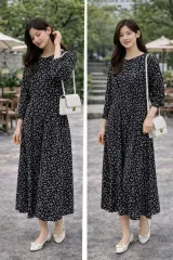 ブラック フラワー ロング丈ワンピース レディース ONEサイズ