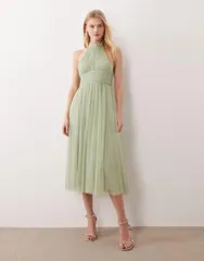 レース アンド ビーズ レディース トップス ワンピース チュール ハイネック ミディ Lace Beads Bridesmaid tulle high neck midi dress in sage Green グリーン