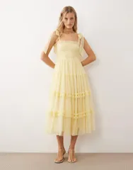 レース アンド ビーズ レディース トップス ワンピース チュール ミディ Lace Beads Bridesmaid Louise bow shoulders tulle midi dress in lemon Buttercup Yellow イエロー