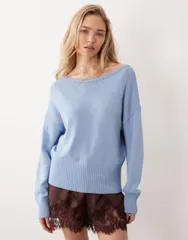 エイソス レディース アウター ニット・セーター ASOS DESIGN knit offtheshoulder sweater in light blue ブルー