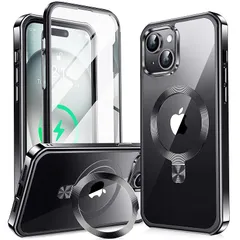 【新品】 【360°全面保護・スタンド・Magsafe対応】KELLCASE iPhone 15 用 ケース 両面 隠しスタンド・CDリング 横縦両立 ワイヤレス充電 いphone15 カバー 黄変防止透明PC背面 メッキバンパー 米軍MIL規格耐衝撃 マ 1