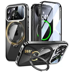 【新品】 iPhone 15 Pro Max 用 両面 MagSafe対応 ケース アイフォン15プロマックス フルカバー 【90°確実に自立 × 360°回転】 ゼンマイ式スタンド 縦横多角度 Uovon スマホケース アイホン15プロマックス 全面保護 0
