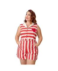 【送料無料】 ユニークビンテージ レディース ハーフパンツ・ショーツ ボトムス Plus Size Collared Sleeveless Shelby Romper Red ivory stripe