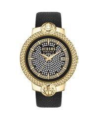 [Free Shipping] Versus Versace Women's Watch Accessory 3 Hand Date Quartz Mouffetard Crystal Dial Black Leather Strap Watch 38mm Gold