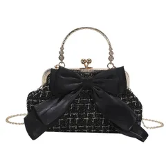 【新品】 [Liebendo] ショルダーバッグ レディース リボン コンパクト ツイード バッグ チェーン レトロ カバン ミニ 小さめ ななめがけバッグ 斜めがけ 肩掛け 白 黒 かわいい おしゃれ 人気 韓国 高見え 女性 (ブラック) 0