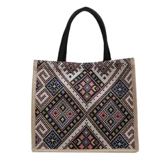 【新品】 エスニック 柄 トートバッグ レディース ジュートバッグ レトロ 大容量 幾何学 模様 ナチュラル 麻素材 A4 対応 軽量 おしゃれ サブバッグ 4カラー ばっぐ カバン 鞄 エコバッグ ハンドバッグ 旅行 韓国 通勤 通学 黒 赤 黄 青 色 0