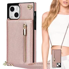 新品 【iCoverCase】iPhone13 手帳ケース ショルダー クロスボディ ケースカバー 肩がけ 首掛け 斜め掛け カードケース チェーン ファスナー型 ストラップ付き ピンク