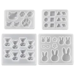 レジン型 ソフトモールド 4個セット うさぎ ネコ 爪 クマ 丸 三角 四角 幾何 シリコン モールド アクセサリー パーツ (兎・ネコ爪・熊)