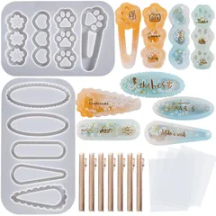 5WYOUKE ヘアピン シェイカーモールド シリコンモールド 2個セット 9種類 ヘアクリップ レジン シリコン モールド シャカシャカ中身 猫の肉球 ハート 花 楕円形 流れ砂型 流砂シーリングフィルム 4枚付き 金具クリップ10個付き UVレジン 型 エ