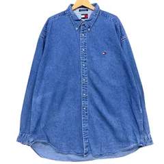 90年代 Tommy Hilfiger トミーヒルフィガー デニムシャツ 長袖シャツ メンズXXL 古着 ボタンダウン 100%コットン ワンポイントロゴ刺繍 ビッグシルエット 大きいサイズ 90s ヴィンテージ【長袖シャツ】/ MS54