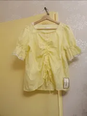 新品 レモン 黄色 イエロー シャーリング レース 半袖 ブラウス