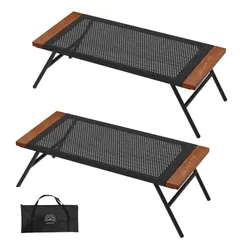 キャンプ テーブル メッシュテーブル ?制 SUN-YE 木製エッジ 折り畳み キャンプ 焚き火 コンロ置き 専用収納袋付き (浅黒い 2個)