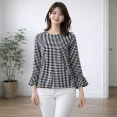 《美品》NATURAL BEAUTY BASIC ギンガムチェック ノーカラーブラウス フリル袖 黒白 S