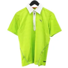 プーマ PUMA スポーツウェア 半袖 カットソー ポロシャツ 緑系 蛍光 グリーン ハーフジップ 総柄 プリント ロゴ 刺繍