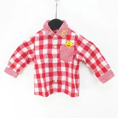 ミキハウス mikihouse チェック柄 長袖 シャツ 80 赤系 レッド 日本製 刺繍 ワッペン 胸ポケット