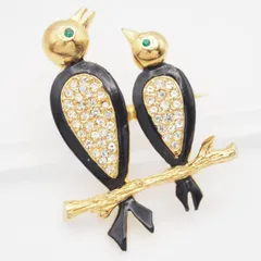 R982 ブローチ バード ブラックエナメル エメラルド風 ラインストーン ゴールドカラー デザイン コスチュームジュエリー