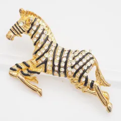 R907 ブローチ ゼブラ シマウマ ブラックエナメル ラインストーン ゴールドカラー デザイン コスチュームジュエリー