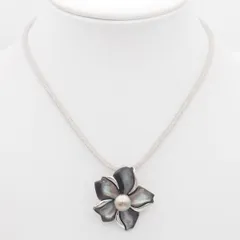 S124 黒蝶真珠 パール 925刻印 2way ペンダントネックレス ブローチ 黒蝶貝 クロチョウガイ シェル フラワー デザイン シルバー 6月誕生石