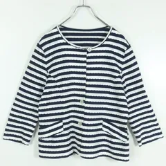 【美品】LAPINE ラピーヌ★おしゃれ可愛い♪ ボーダーデザインノーカラージャケット・カーディガン 薄手 サイズ44 紺系 z18818のサムネイル